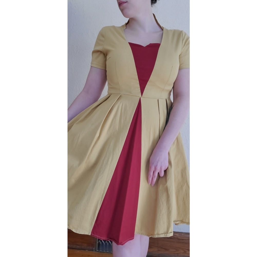 Burgundy and Mustard 1950s inspired Swing Dress